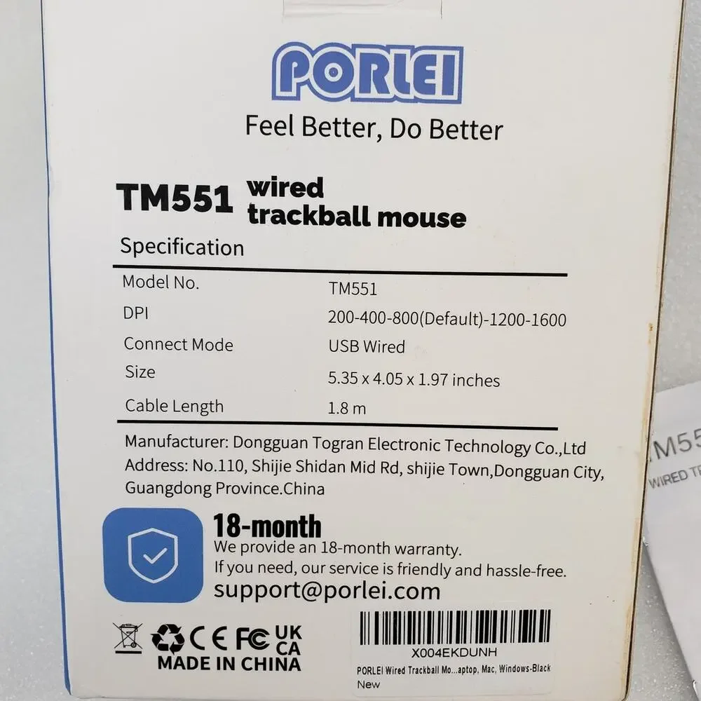 PORLEI TM551 Wired Trackball Mouse Ergonomic Optical 5-Button